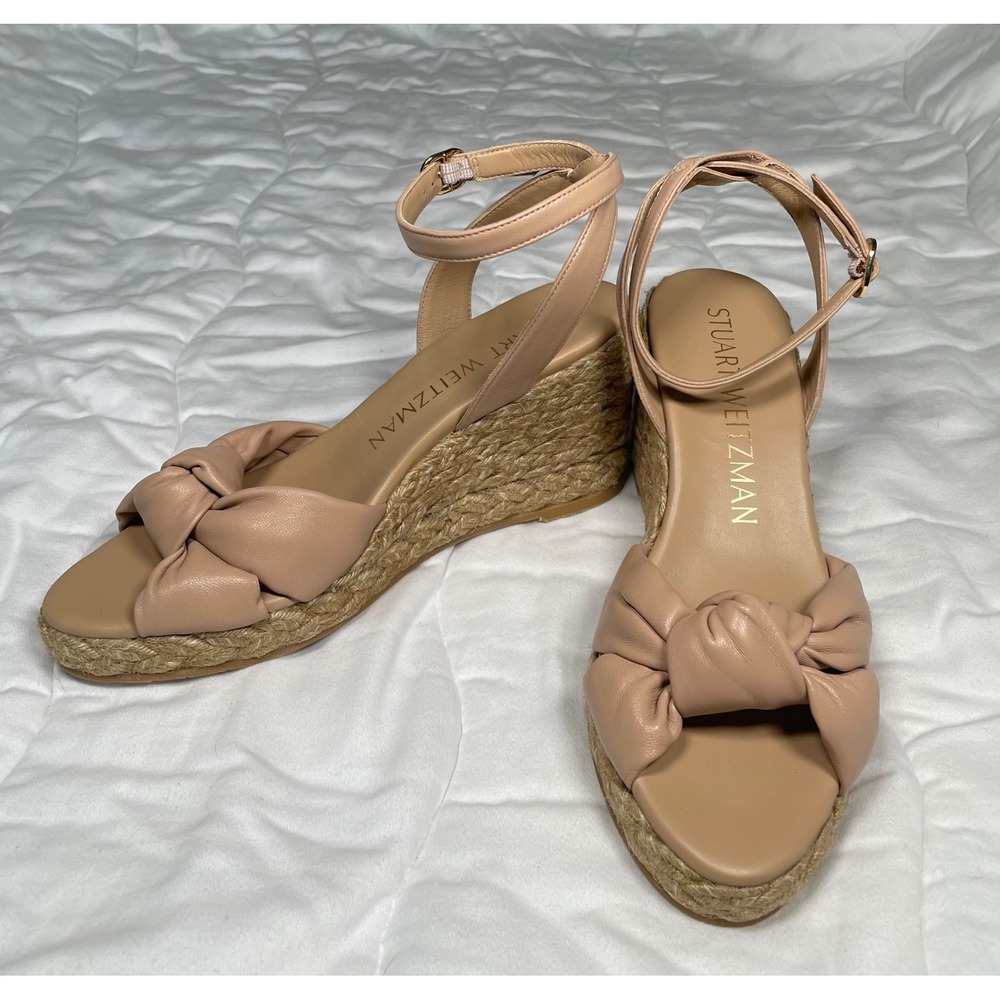 Stuart Weitzman Nude Leather Knot Espadrille Wedge Sandals 8B Made Spain w/ Bag - Picture 1 of 6